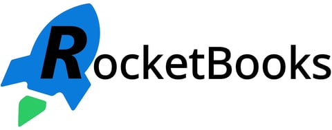 RocketBooks logo featuring a blue rocket with a green tail and black text